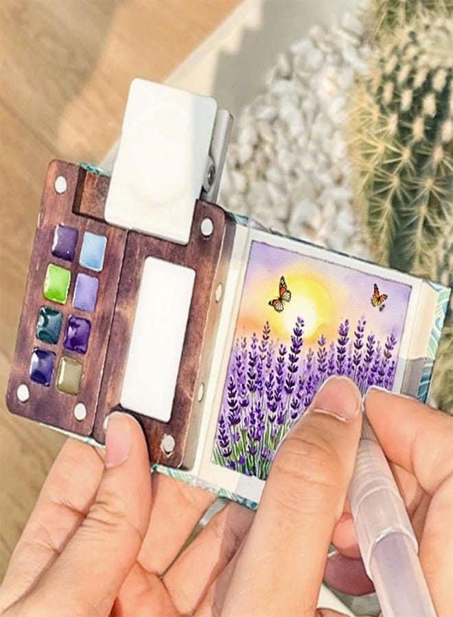 DIANZHU Pocket Artist Watercolor Travel Set, Wooden Paint Palette Travel Kit, Mini Portable Watercolor Palette with Clip for Artists Painters Students (12 Colors 8 Grid Set 3 Brush Pen) - Image 4